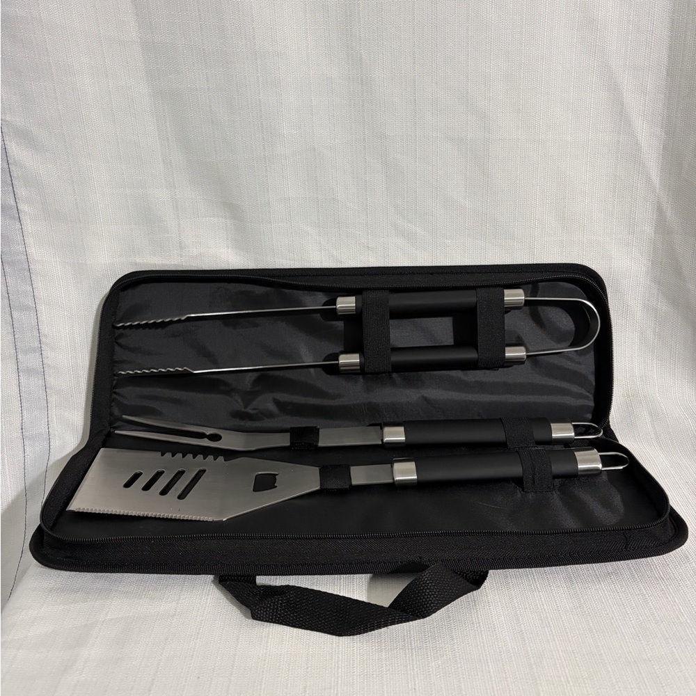 BBQ Grill Tool Set 4pc w/ Carry Case Black Handle Stainless Steel(F122)✨